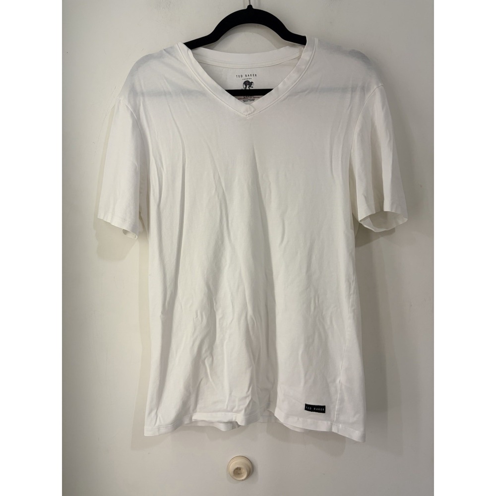 Ted Baker London White V Neck Stretch T Shirt Men's Small Cotton Tee Logo